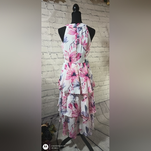 BotanicalPrint WovenChiffon Overlay Tiered Pebble Midi Dress Ivory - Picture 8 of 16